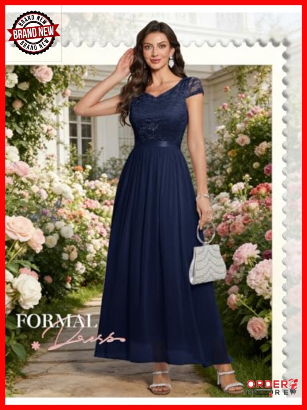 Lace Chiffon Formal Maxi Dress with Cap Sleeves V-Neck - Picture 4 of 6